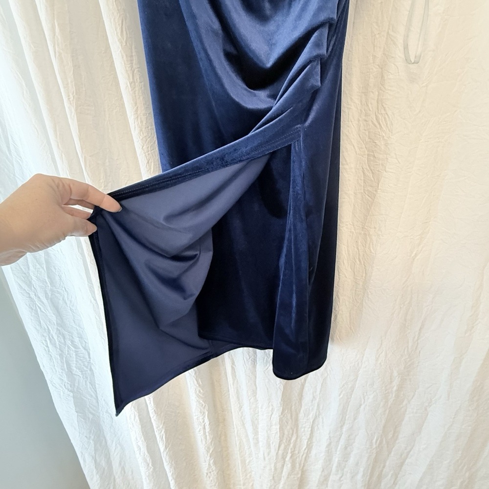 A'Gaci Women's Crushed Blue Velvet Sultry Cocktail Asymmetrical Hem Mini Dress L - Picture 5 of 13